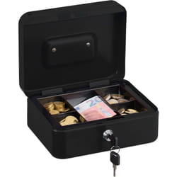 Relaxdays - Caisse à monnaie, verrouillable, compartiment amovible divisé en 5, fer, h x l x p : 8,5 x 20 x 17 cm, noire