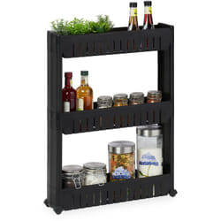 Relaxdays - tagère de cuisine à roulettes, 3 niveaux, rangement étroit, bain, 71x12,5x54 cm, plastique, noir