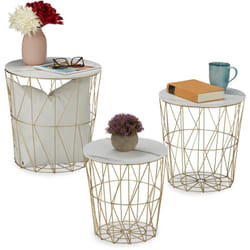 Relaxdays - Table corbeille d'appoint, lot de 3, panier pour le salon, métal et aspect marbre, 3 tailles, blanc-doré