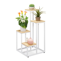 Relaxdays Étagère à plantes, 4 niveaux, HxLxP : 80x40x40 cm, acier et MDF, escalier fleurs design, blanc-nature