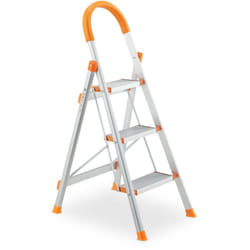 Relaxdays - Escabeau pliable, aluminium, plastique, charge max. 150 kg, 3 marches, pour quotidien, argenté/orange