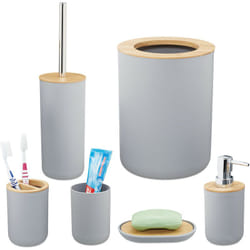 Relaxdays - accessoires salle de bain, lot de 6, en plastique et en bambou, ensemble complet, gris