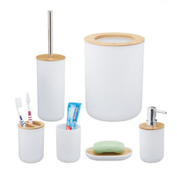 Relaxdays accessoires salle de bain lot de 6 en plastique et en bambou ensemble complet blanc