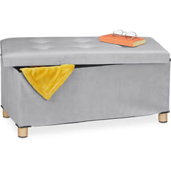 Relaxdays - Banquette de rangement, couvercle matelassé, revêtement velours, pieds en bois, hlp : 34x76x38 cm, gris clair