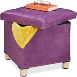 Relaxdays - Tabouret de rangement, couvercle-plateau, pieds en bois, pouf carré, h x l x p : 35x38x38 cm, mauve