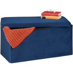 Relaxdays - Banquette de Rangement, Revêtement Velours, 80 l, Entrée, Salon, Coffre à Assise Matelassée, 38x77x39 cm, bleu