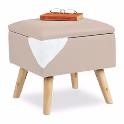Relaxdays Tabouret avec espace de rangement rembourré lin artificiel pieds en bois couvercle HlP 40x40x40cm beige