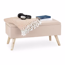 Relaxdays Banc de rangement rembourré pieds en bois coffre avec revêtement en tissu 395 x 795 x 39 cm beige