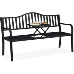 Relaxdays - Banc de jardin avec table pliante, 3 places, solide, jardin, métal, balcon, hlp: 89 x 150 x 58,5 cm, noir