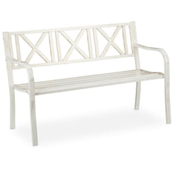 Relaxdays - Banc de jardin, 2 places, terrasse, balcon, acier solide, jolie banquette stable, 80,5x127x63 cm, blanc-bronze