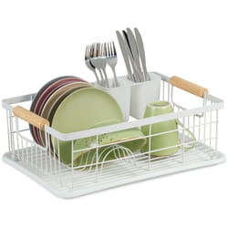 Relaxdays - gouttoir, panier à couverts et bac de séchage, support à vaisselle de cuisine, plastique, métal, blanc