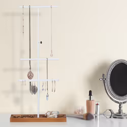 Relaxdays Présentoir à bijoux, 3 barres, forme de T, colliers, boucles d’oreilles & bracelets, bois & métal, blanc/brun