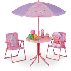 Relaxdays - Salon de jardin, enfant, table, chaises, parasol, pour un petit fan de licornes, pour plage ou camping, rose