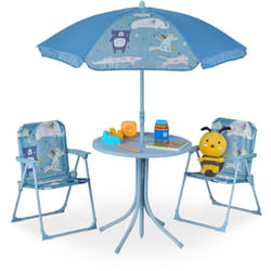 Ensemble chaise table de camping, pour enfants, meubles, avec parasol, pliables, motif animaux, jardin, bleu - Relaxdays
