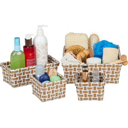 Relaxdays - Boîte de rangement lot de 4 paniers plastique salle de bain tressé cosmétiques corbeille, blanc-marron