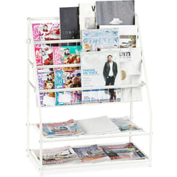 Relaxdays - Porte-magazines, hlp: 81 x 67 x 37 cm, porte-revues en métal, à poser au sol, salon, chambre, blanc