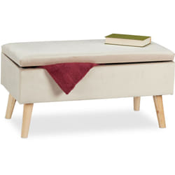 Relaxdays - Banc siège avec espace de rangement, housse velours, 40 l, rembourrée, pieds en bois, entrée,41x80x40c, crème