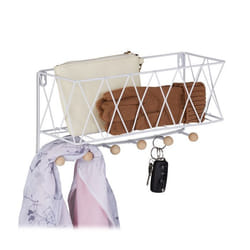 Relaxdays Etagère murale avec portemanteaux métal & bois design grille 6 crochets à vestes 17 x 36 x 13 cm blanc
