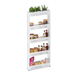 Tagère de cuisine à roulettes, 5 niveaux, rangement étroit, salle de bain, 131x12,5x54 cm, plastique, blanc - Relaxdays