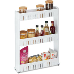 Relaxdays - tagère de cuisine à roulettes, 3 niveaux, rangement étroit, salle de bain, 71x12,5x54 cm, plastique, blanc