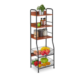 Relaxdays Étagère de cuisine, 5 niveaux, paniers à fruits & à légumes, pour accessoires, étroit, métal & MDF, noir