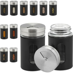 Relaxdays - Saupoudreuse à épices, lot de 12, 3 tailles de trou, herbes, 90 ml, verre et acier inoxydable, noir/argenté
