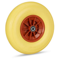 Relaxdays Roue de brouette caoutchouc 4.00-6, de rechange axe, increvable, essieu, 3 adaptateurs, 100 kg, jaune-rouge