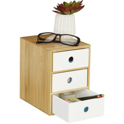 Relaxdays Organiseur de bureau, 3 tiroirs, bambou & MDF, boîte de rangement, ordre, H x L x P 21 x 14,5 x 20 cm, blanc
