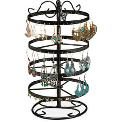 Relaxdays Présentoir boucles d’oreilles, fer, 168 emplacements, rotatif, arbre à bijoux, H x D 30 x 16,5 cm, noir
