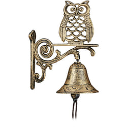Relaxdays - Cloche murale de porte fonte de fer, chouette, design antique, avec corde, résistant aux intempéries, doré
