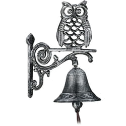 Relaxdays - Cloche murale de porte fonte de fer, chouette, design antique, avec corde, résistant aux intempéries, argenté