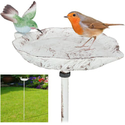 Relaxdays - Abreuvoir pour oiseaux en fonte, avec pic de terre, Décoration pour jardin, Mangeoires, 1 m de hauteur, blanc