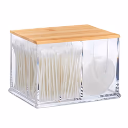 Relaxdays Distributeur coton-tiges acrylique bambou grande boîte rangement salle de bain transparent/nature