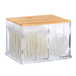 Relaxdays Distributeur coton-tiges acrylique bambou grande boîte rangement salle de bain transparent/nature