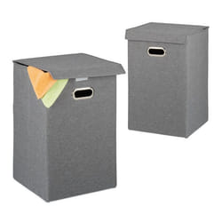 Relaxdays Panier à linge jeu de 2pliable corbeille à linge avec couvercle coffre 62L 555 x 355 x 355 gris