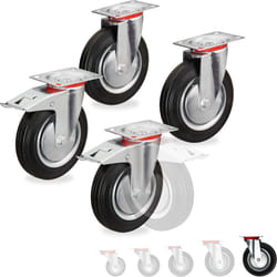 Roues charge lourde jeu de 4, pivotent à 360°, roulement à billes, 2 freins, capacité 800 kg, 200 mm, noires - Relaxdays