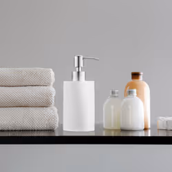 Relaxdays Porte-savon liquide, 180 ml, rechargeable, salle de bain, distributeur shampoing, pompe en inox, blanc