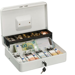 Relaxdays Caisse à monnaie, verrouillable, compartiments pour pièces et billets, fer, HLP 8,5 x 30,5 x 24,5 cm, blanc