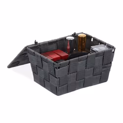 Relaxdays Panier de rangement avec couvercle aspect tressé organiseur HxlxP 105 x 195 x 145 cm plastique gris