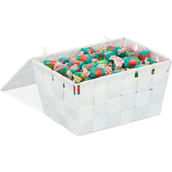 Relaxdays Panier de rangement avec couvercle, aspect tressé, organiseur, HxlxP 10,5 x 19,5 x 14,5 cm, plastique, blanc
