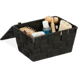 Relaxdays - Panier de rangement avec couvercle, aspect tressé, organiseur, HxlxP 10,5 x 19,5 x 14,5 cm, plastique, noir