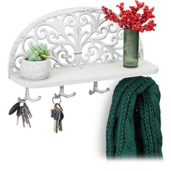 Relaxdays Porte-manteaux mural étagère tablette clés planche bois 4 crochets doubles patère, HxlxP: 23x39x11,5 cm, blanc