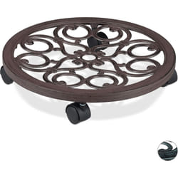 Relaxdays - Support roulant plantes rond, en métal, plateau roulant pots à fleurs, aspect antique, brun