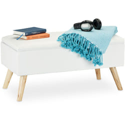 Relaxdays - Banc de rangement, rembourré, pieds en bois, coffre avec revêtement en tissu 39,5 x 79,5 x 39 cm, blanc