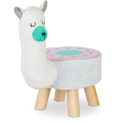 Tabouret d'animal pour enfants, revêtement en peluche, siège d'enfants, motif animalier, lama, blanc - Relaxdays