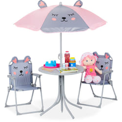 Ensemble chaise table de camping, pour enfants, meubles, avec parasol, pliables, motif souris, jardin, gris - Relaxdays
