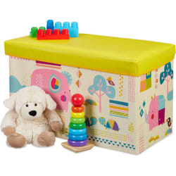 Tabouret Coffre à jouets boîte à jouets couvercle pouf enfant pliable rangement fille garçon animal 50L, jaune - Relaxdays