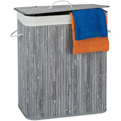 Corbeille à linge bambou, Panier à linge 2 compartiments, coffre pliable couvercle 95 litres, gris - Relaxdays