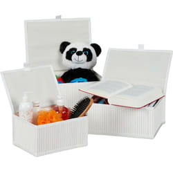 Relaxdays - Paniers de rangement lot de 3, couvercle et intérieur tissu, bambou, jouets, boîte organiseur salon, 3 tailles