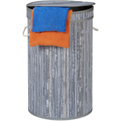 Relaxdays - Panier à linge bambou, pliable, Corbeille à linge ronde, 65 l, Sac à linge, ø 40 cm, gris